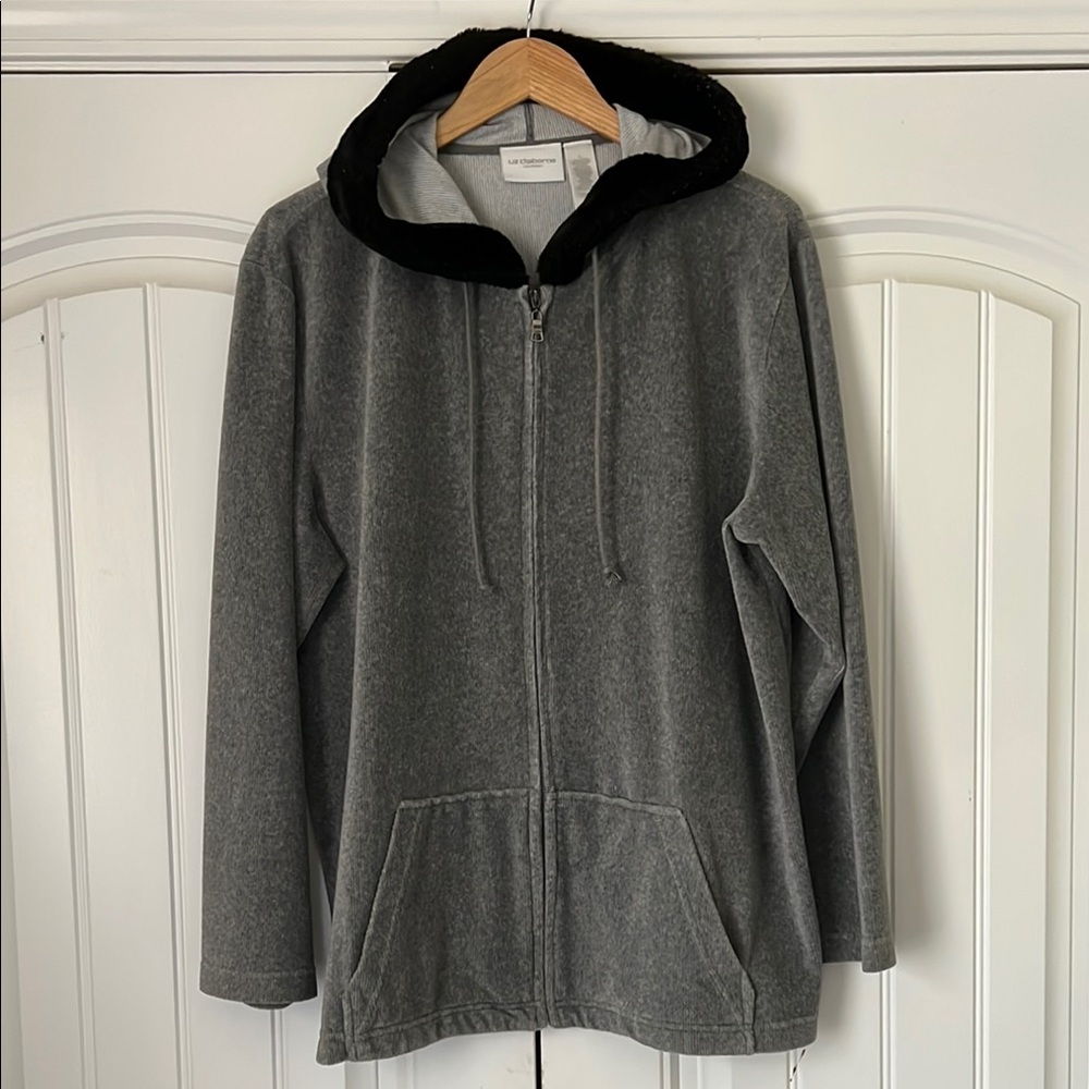 Liz Claiborne Sport Women’s Grey Full Zippered Hoodie with Black Faux Fur Trim